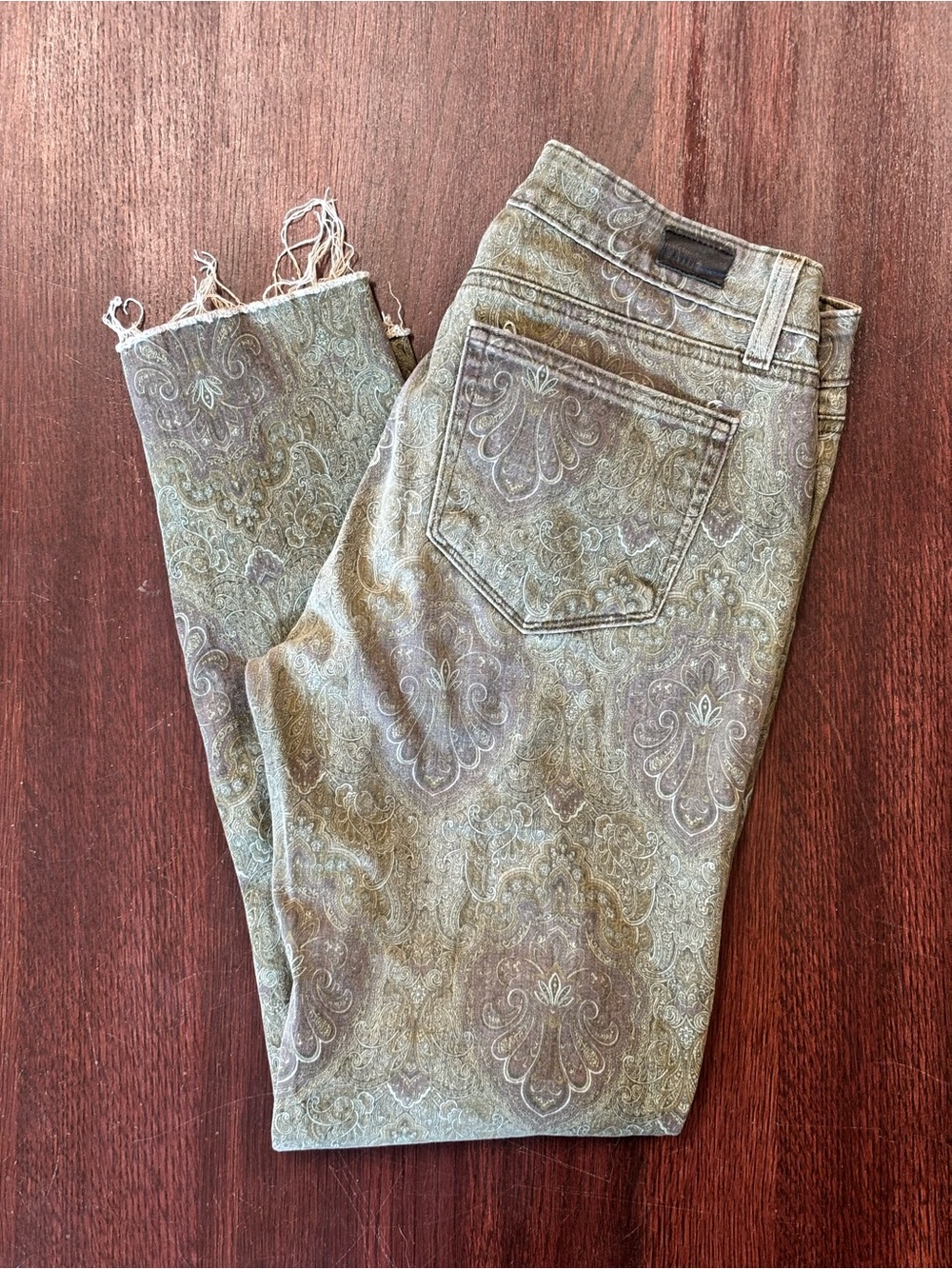 Paige Anthropologie Paisley Print Green Slim Jeans Raw Hem